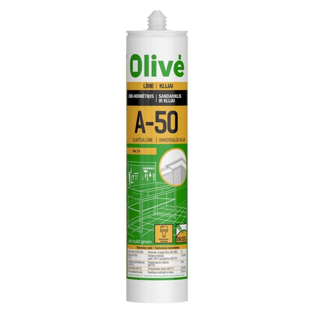 Olive Līme-hermētiķis A-50 iekšdarbiem un ārdarbiem, balta 290ml