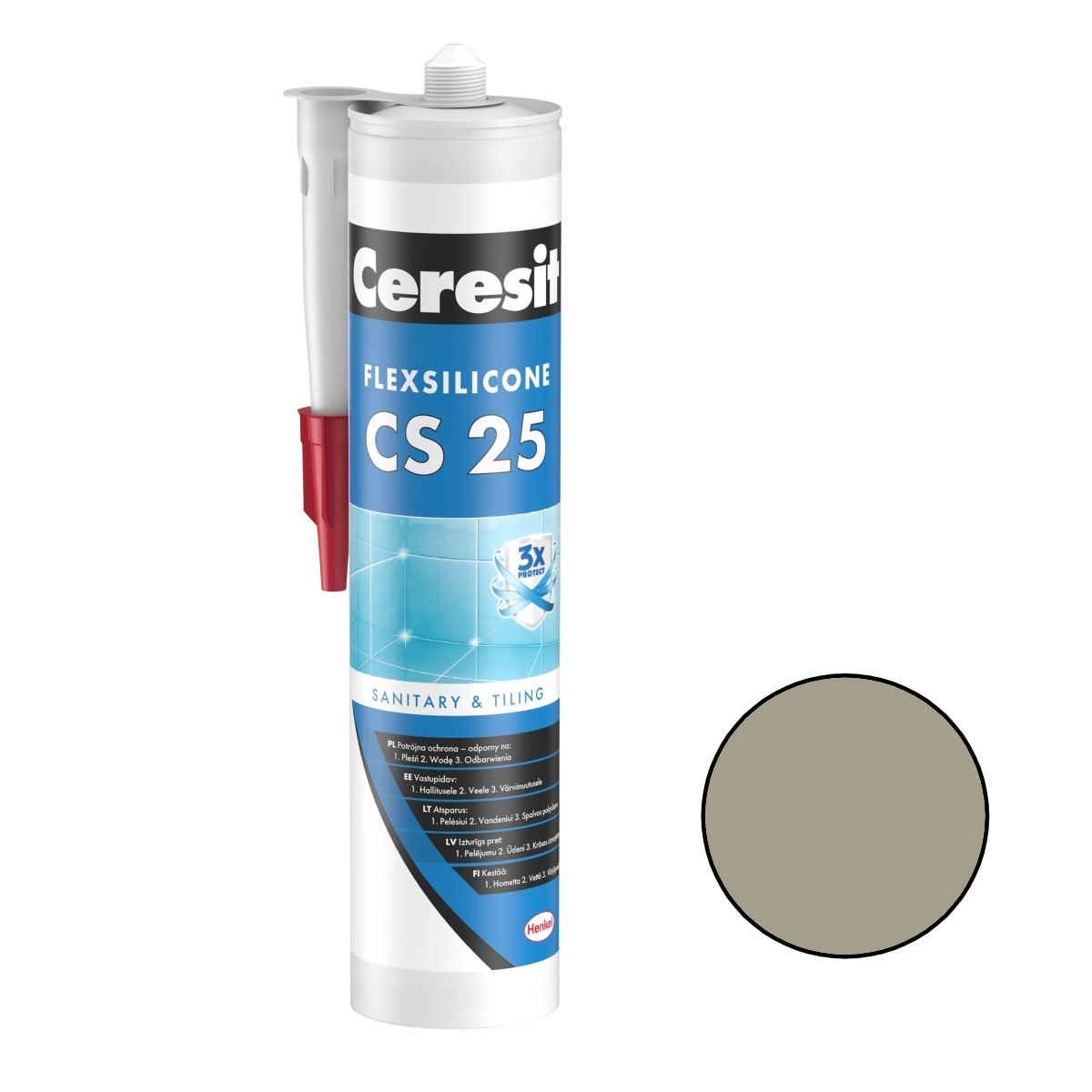 Ceresit CS 25 Sanitārais silikona hermētiķis, 280ml, cementa pelēks (12)