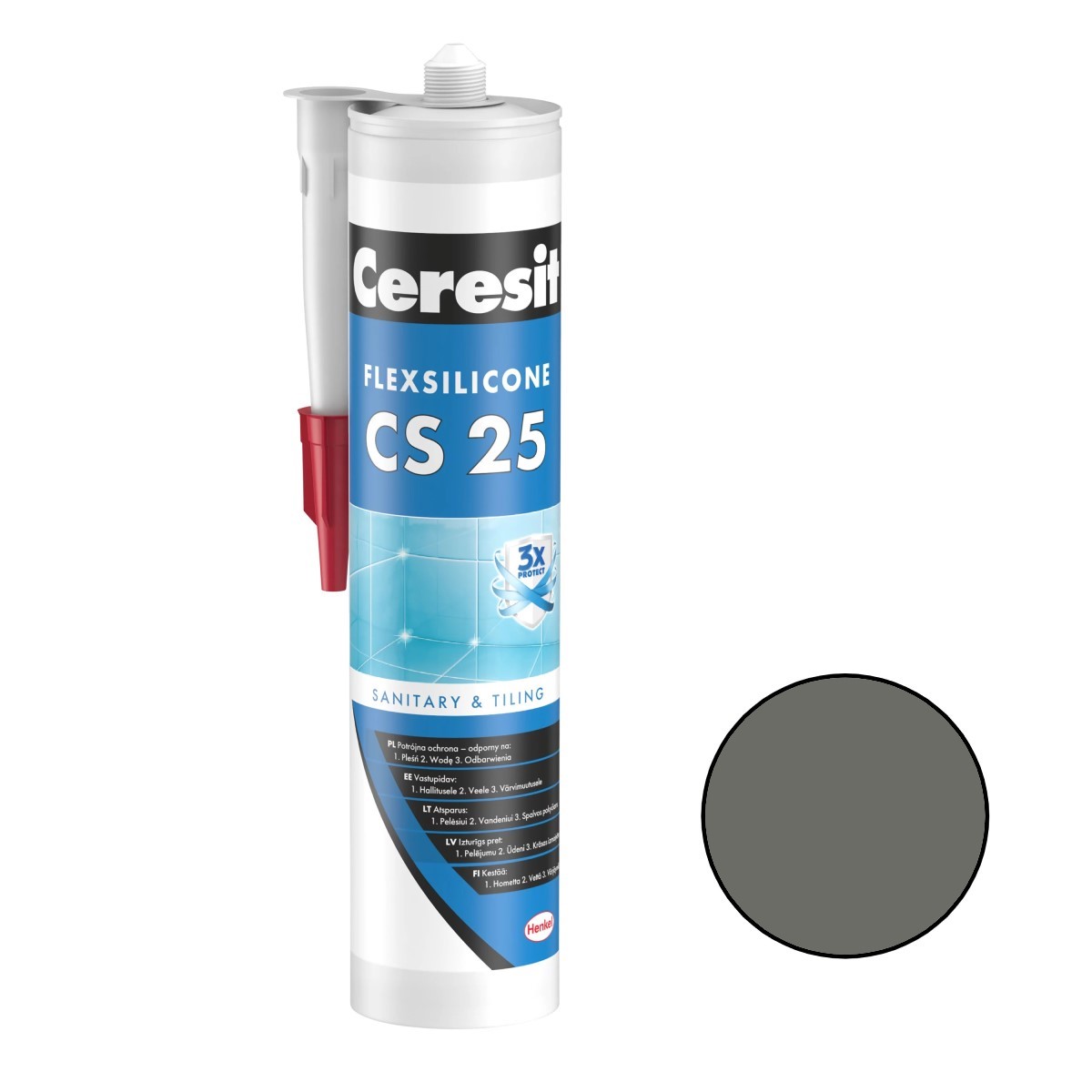 Ceresit CS 25 Sanitārais silikona hermētiķis, 280ml, grafīta (16)