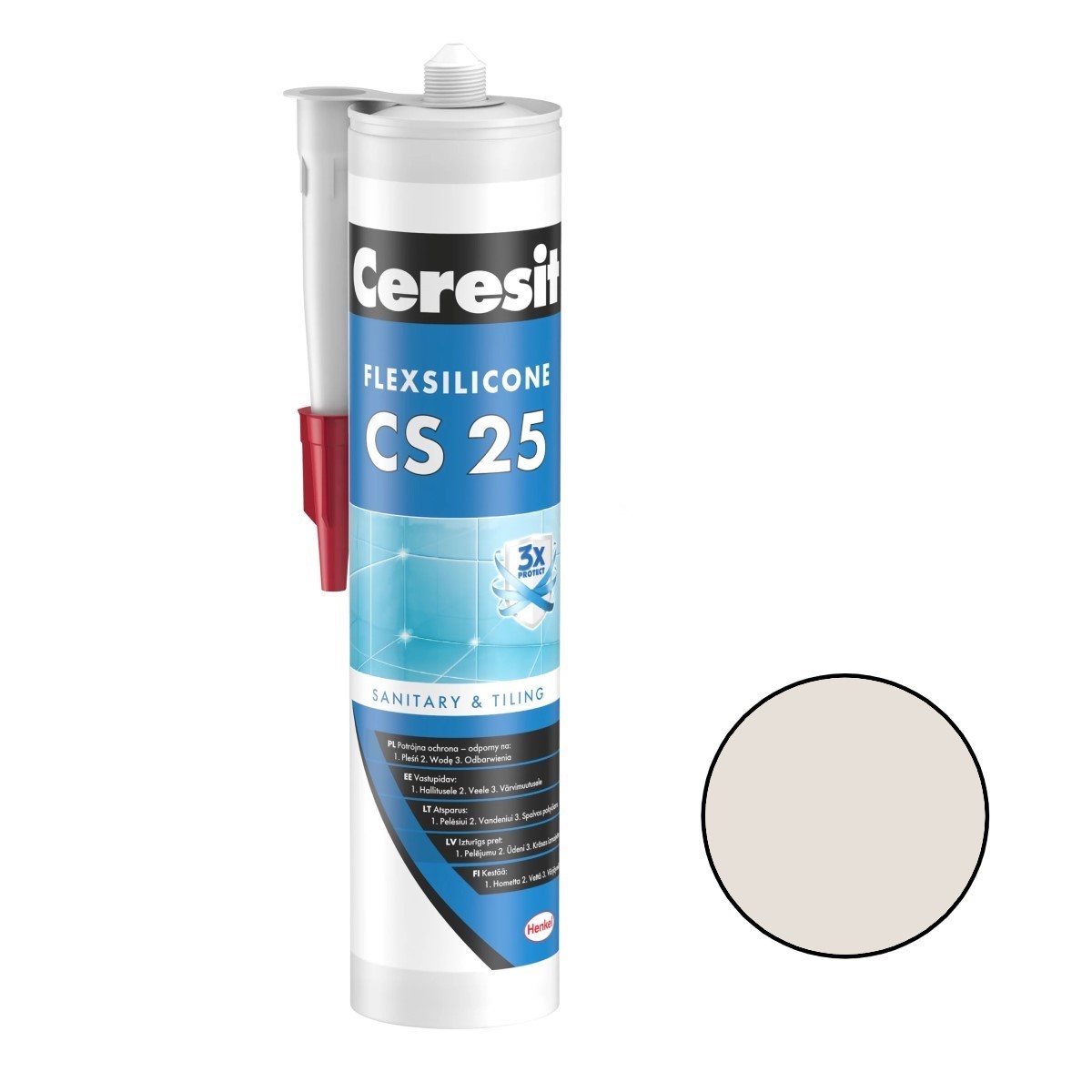 Ceresit CS 25 Sanitārais silikona hermētiķis, 280ml, pergamons (39)